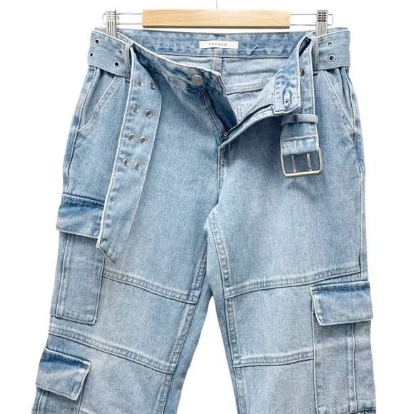 PacSun Light Blue Low Rise Cargo Flare Jeans Size 28 | 6 Y2K Grommet Pac Sun - Picture 8 of 15